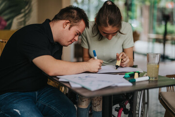 A male with Down syndrome and a girl in a wheelchair collaborate, drawing and painting at a table. The scene is filled with creativity and friendship.