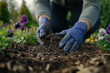 Gardener wearing gloves spreads mulch in flowerbed