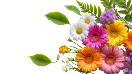 Colorful bouquet of gerbera daisies and other flowers isolated on transparent background