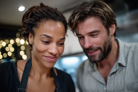 A couple shares a moment of joy while cooking in a warm kitchen, showcasing the beauty of partnership and the joy of creating together in a nurturing environment.