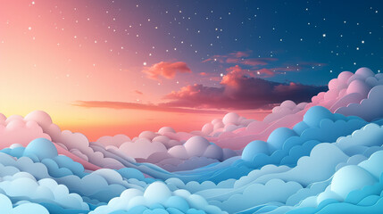 Gradient pastel sky with paper-cut clouds and stars, ideal for calming wallpapers and printable cards.