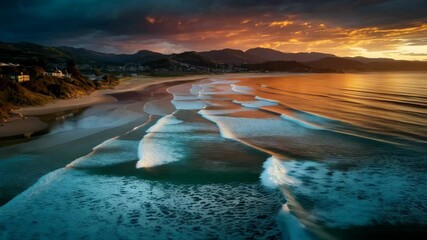 Dramatic sunset over ocean beach featuring rolling waves, sandy shore, and coastal homes nestled in a hillside landscape with stunning atmospheric light. - Powered by Adobe