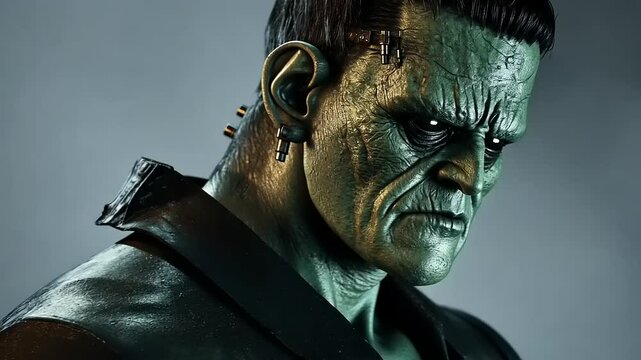Detailed Cinematic Portrait of a Grinning Undead Creature with Metal Fittings
