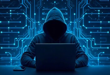 Generative AI Hacker shrouded in darkness with intricate digital network background