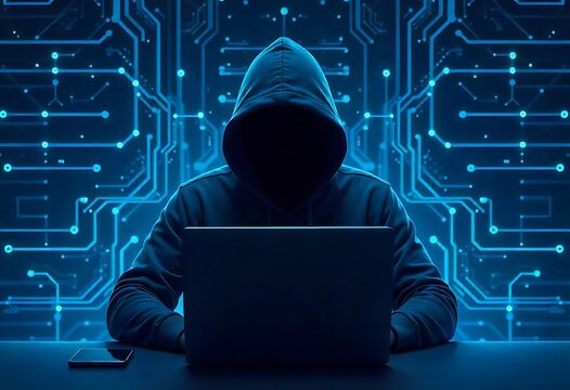 Generative AI Hacker shrouded in darkness with intricate digital network background
