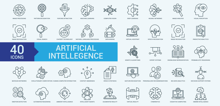 Artificial Intelligence icon collection set with image processing, pattern recognition, feature extraction, machine learning, computer vision