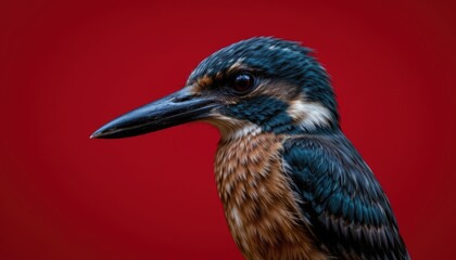 Obraz premium Close-Up Portrait of a Colorful Kingfisher Bird Against a Bright Red Background