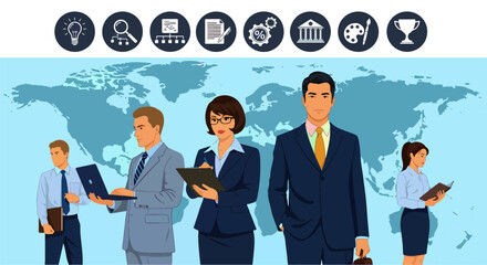 Vector illustration of five business professionals standing confidently against a world map background with business icons, symbolizing global expertise, teamwork, and international strategy.