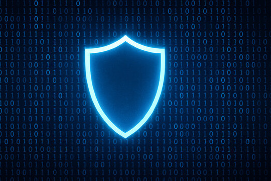 A glowing blue shield icon on a dark background filled with binary code represents cybersecurity and digital protection