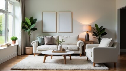 Cozy living room with elegant white furniture, indoor plants, large windows, and framed artwork, creating a serene and inviting atmosphere