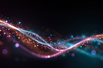 Vibrant neon lights with abstract glitter waves and bokeh effect on black background, digital technology banner template for music events and social media branding
