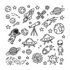 Hand drawn space doodles. Vector illustration isolated on white background. © Bara Shofiyan 