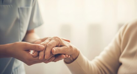 Caring Hands Young Caregiver Gently Holding Senior Womans Hand Empathy Support Background With Copy Space For Text