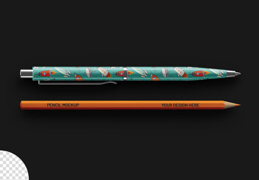 Pen And Pencil Stationery Flatlay Mockup