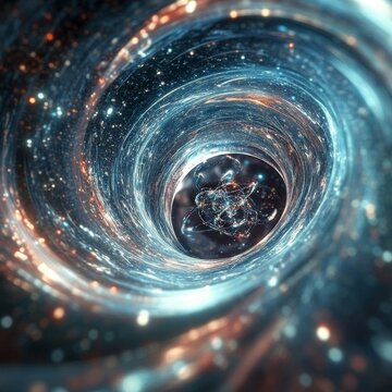 Futuristic antimatter molecule or micro Black Hole. Quantum physics concept 3D illustration. Orbiting mystery gluon quarks and elementary matter particles forming a wormhole warping time and gravity.