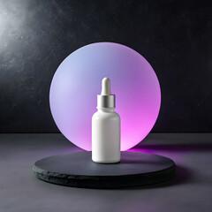 A matte white dropper bottle stands centered on a smooth surface.