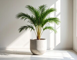 Obraz premium Realistic photo of a tall ornamental palm tree planted in a large concrete pot, modern interior setting