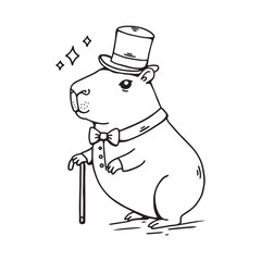 capybara in top hat and bow tie with cane. Vector illustration. to colour