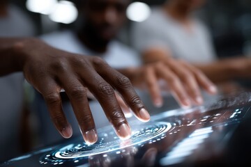 Two hands engage with a futuristic touchscreen display, showcasing interaction with advanced technology and the human element in a digital world filled with possibilities.