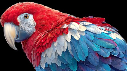 Obraz premium Vibrant Scarlet Macaw Portrait with Detailed Feathers Set Against Black Background