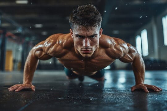 Fierce male athlete mid burpee showcasing explosive power - Powered by Adobe
