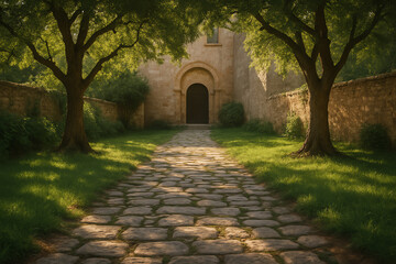 A serene pathway leads to an ancient stone building, framed by lush green trees