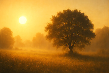 Obraz premium A serene sunrise over a misty field, featuring a solitary tree silhouetted against the golden light