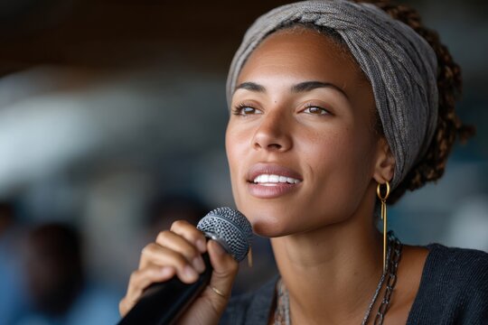 A woman with a headscarf passionately singing into a microphone on stage, emanating energy and creativity, captivating the audience with her performance and artistic expression.