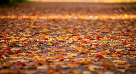 Fototapeta premium A path covered in fallen leaves in vibrant autumn colors, creating a warm and inviting scene