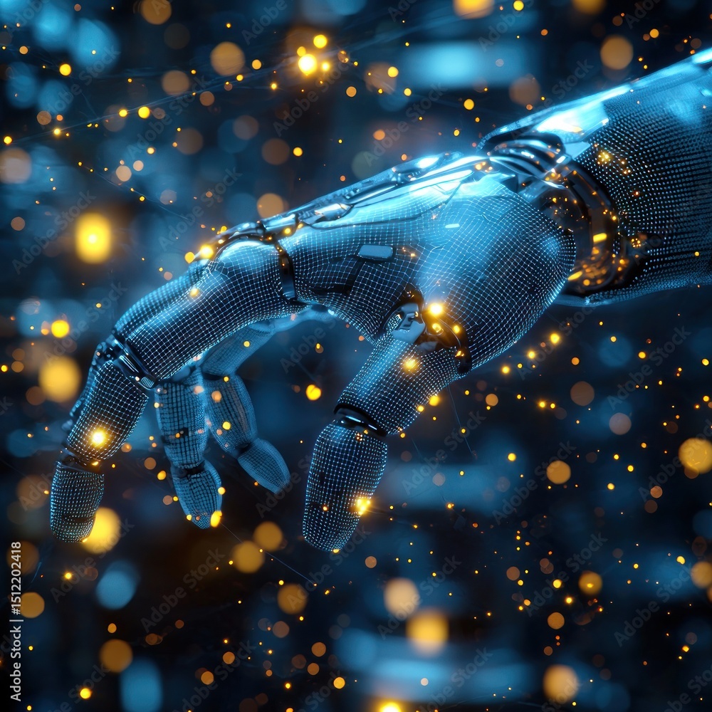 Aufkleber futuristic robotic hand extending with glowing particles in dark environment