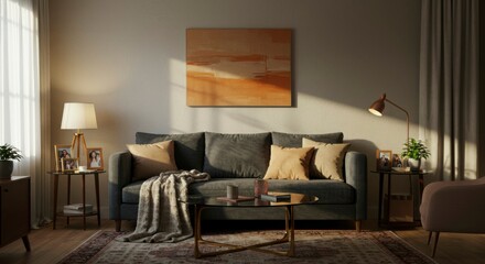 A cozy living room bathed in warm sunlight, featuring a gray sofa, art, and side tables