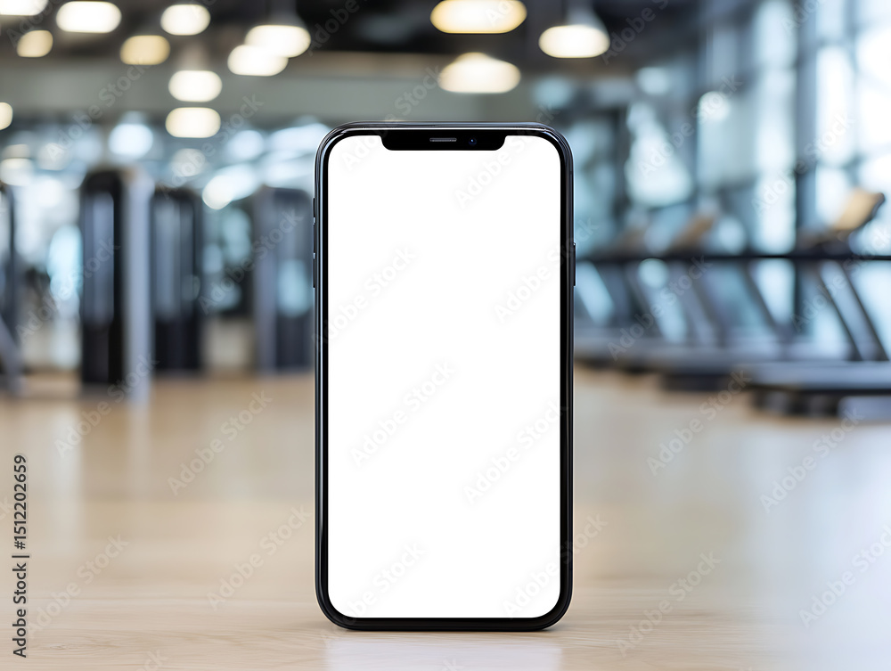 Poster smartphone in gym setting with blank screen. ideal for fitness app promotions. modern device display