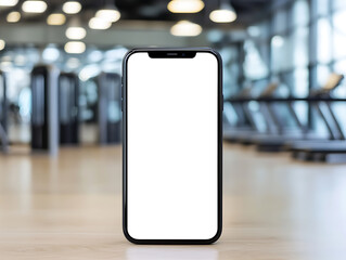 Smartphone in gym setting with blank screen. Ideal for fitness app promotions. Modern device display for workout interfaces. Mockup for health apps.