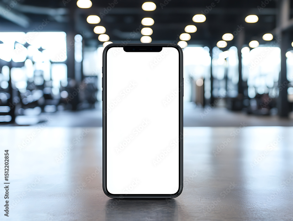 Poster smartphone mockup with blank white screen stands on a counter in a modern gym setting with exercise 