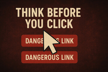 A striking image warns users to think before clicking on potentially dangerous links, emphasizing online safety and awareness in the digital age.