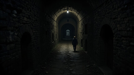 Fototapeta premium A narrow passage with a faint glow at the end , darkness, path, pathway
