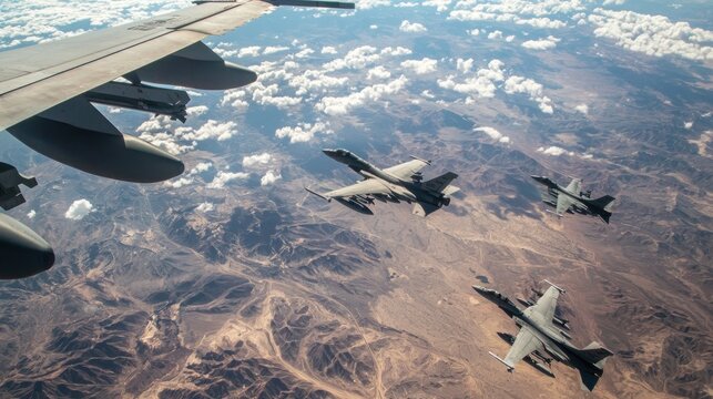 A military jet flying in formation with others over national territory representing protected sovereign airspace