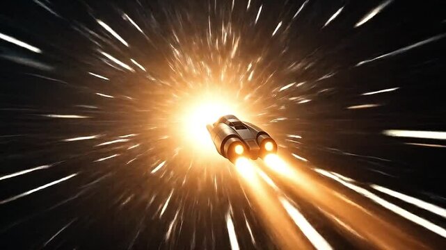 Epic wide shot of a sleek spacecraft suddenly accelerating into a luminous lightstream tunnel