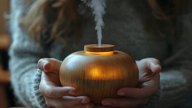 Therapist s hands gently holding an aromatherapy diffuser emitting soothing mist