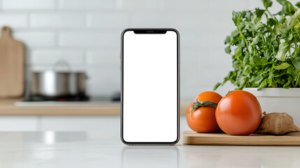 Phone with blank white screen is positioned on a kitchen counter near tomatoes and herbs, with a kitchen setting providing background context.