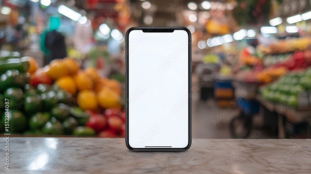 Aufkleber smartphone on a marble counter in a market. blank screen for app or image. grocery shopping and mobi