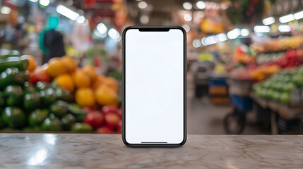 Smartphone on a marble counter in a market. Blank screen for app or image. Grocery shopping and mobile tech concept. Add your UI or promotional image.