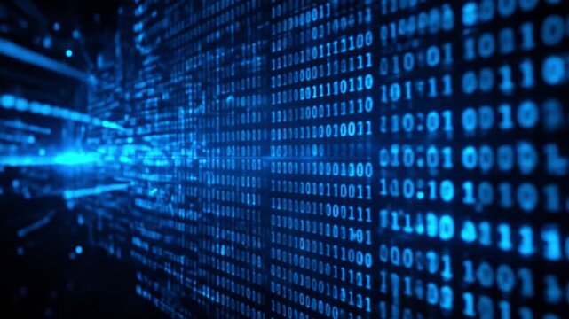 Floating data screen with pulsing binary code in neon blue