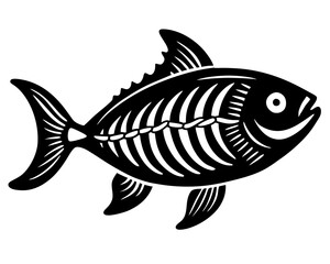 Stylized black and white fish skeleton illustration