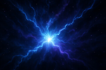A stunning visual representation of cosmic energy, featuring vibrant blue lightning bolts radiating from a central point, symbolizing power and the beauty of the universe.
