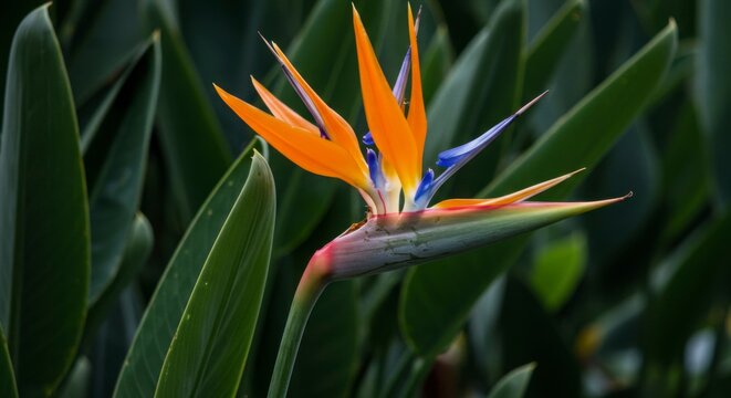 A vibrant Bird of Paradise flower bursts open against a backdrop of lush green leaves. Its beauty is captured up close