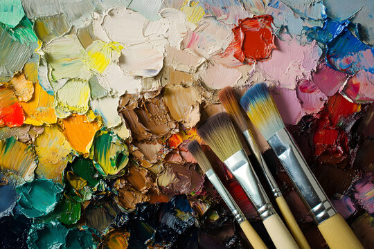 Watercolor paints and brushes arranged artistically on a palette
