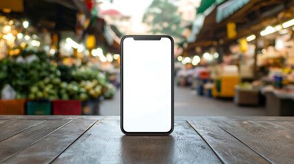 Smartphone mockup on wooden table at a vibrant market. Ready for your app or ad. Capture attention with this fresh, authentic setting.