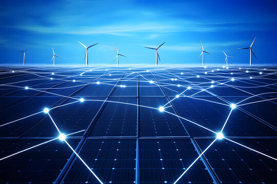 Solar panel with a backdrop of stars and abstract technology-inspired elements