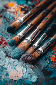 Watercolor paints and brushes with artistic tools on a white background